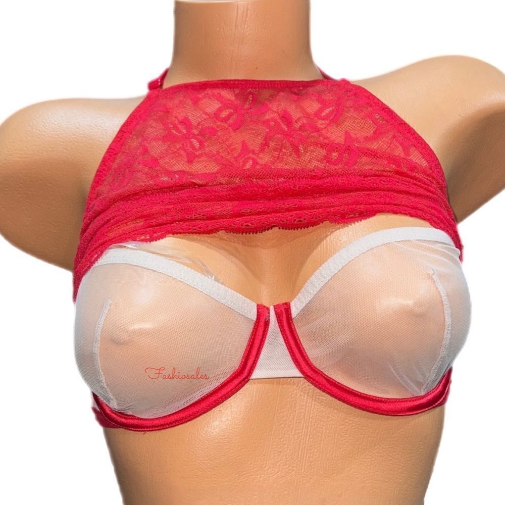 Victoria’s Secret Very Sexy Halter Sheer Mesh / Lace Unlined Balconette Red bra